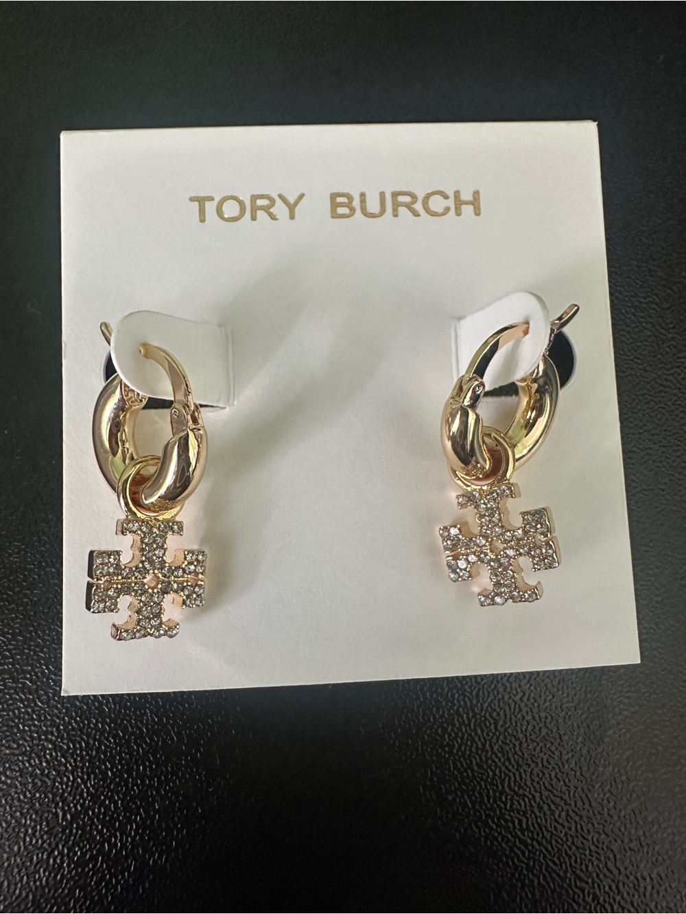 Tory Burch Gold Crystal Logo Link Drop Earrings